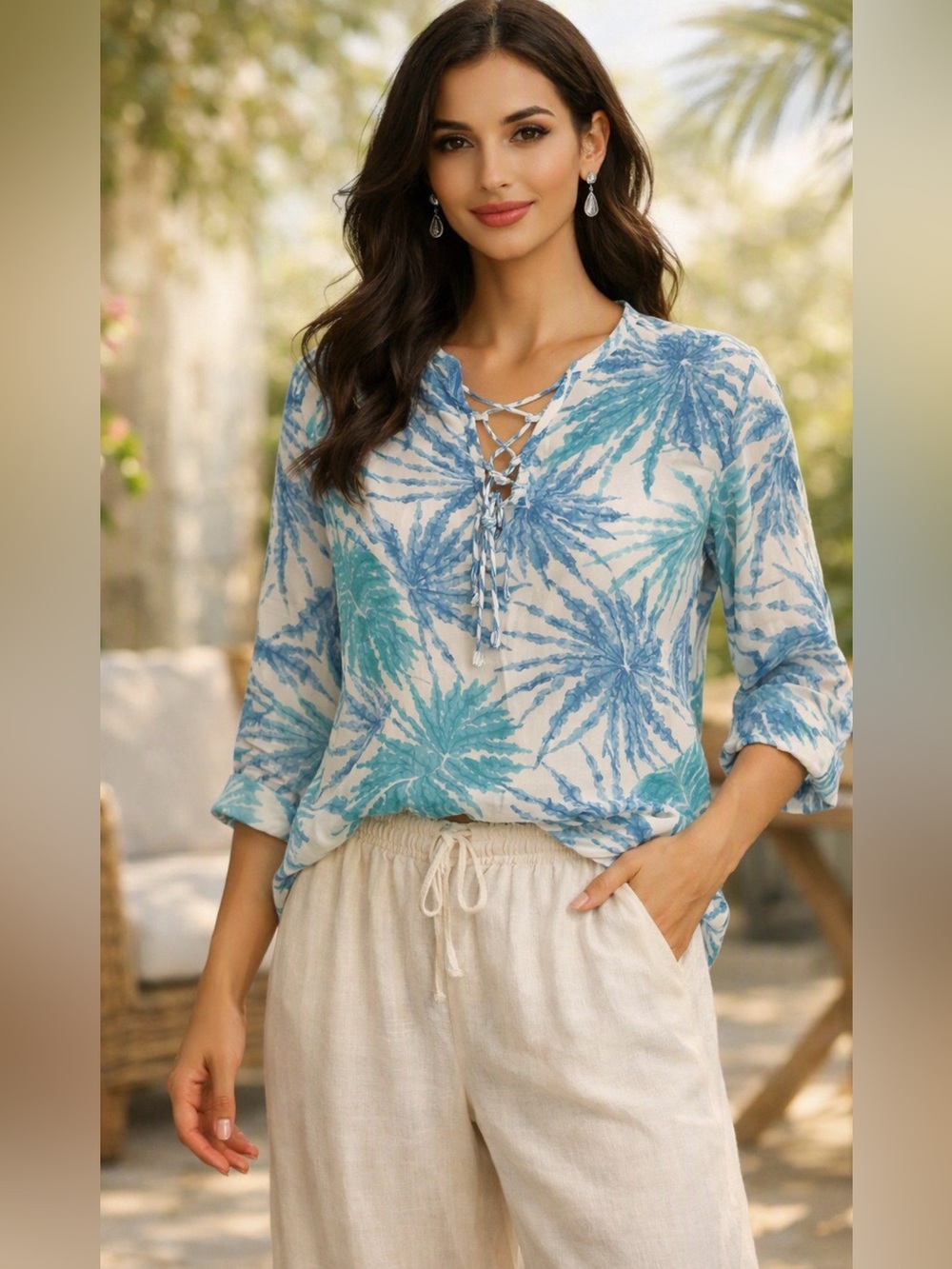 J.ValdiBlue Tie-Dye Linen Blend Lace-Up Women's Top